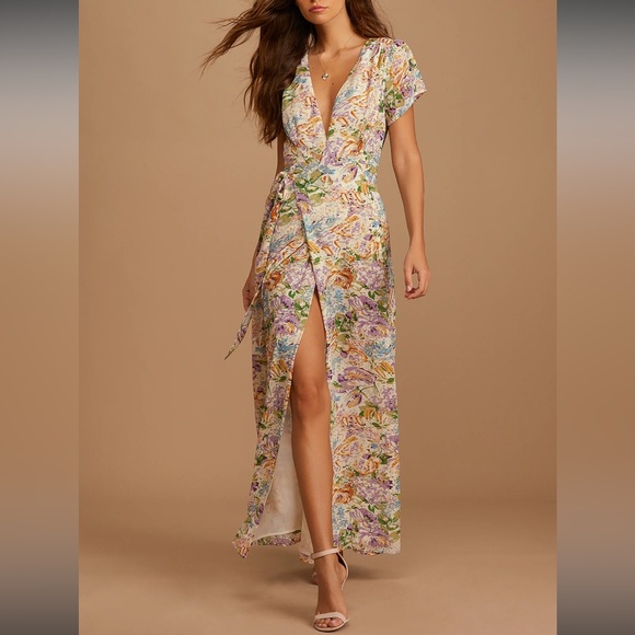 Lulus Dresses & Skirts - Lulu's Feels Magical Ivory Floral Print Short Sleeve Wrap Maxi Dress Sold Out S
